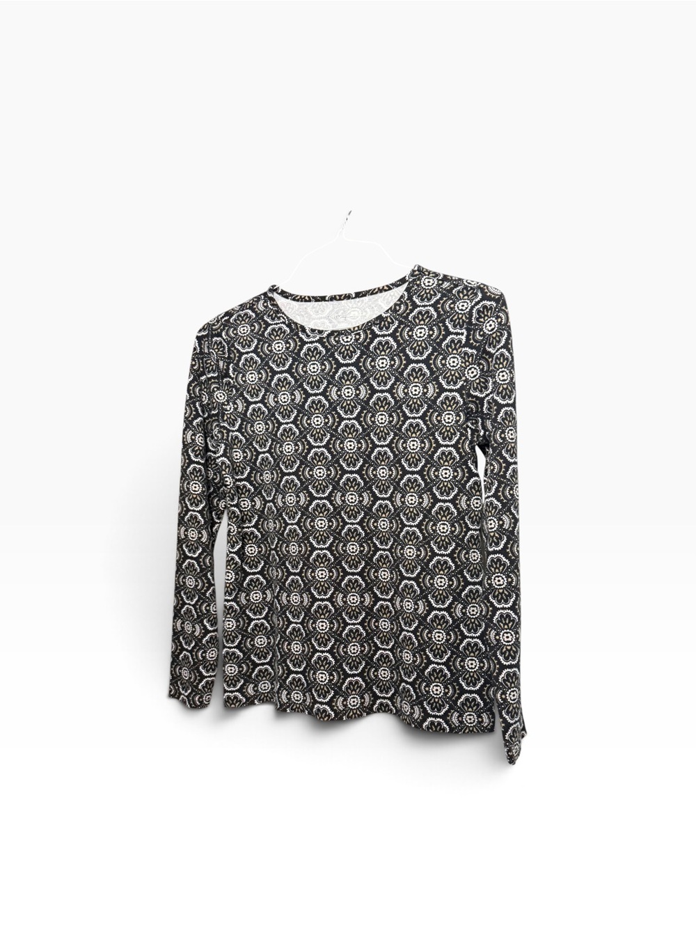 Kim Rogers Black and White Floral-Pattern Long Sleeve Tee M